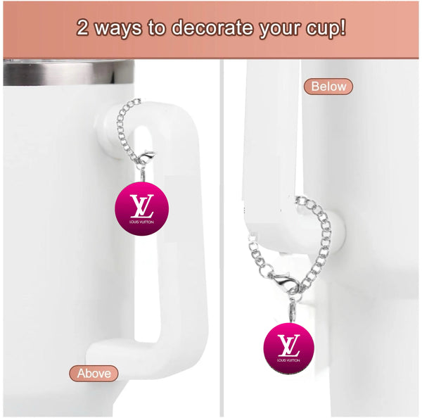 Split image shows two ways to hang a Kreative Kreationz Hello Kitty Charm Dangle on a white cup handle—above or below. Top text: “2 ways to decorate your cup!” for a fun, custom look with this charming cup accessory.