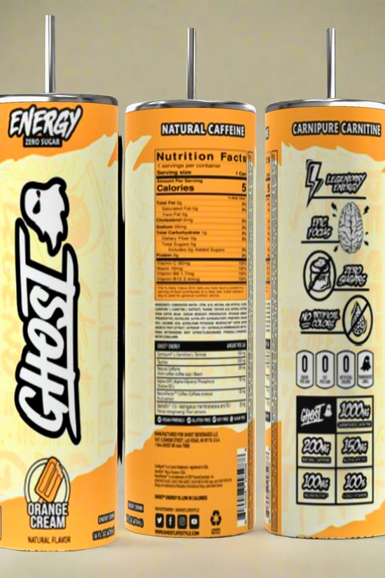Displayed with a vibrant orange and cream design, three cans of Ghost Energy boast zero sugar and natural caffeine, perfectly complemented by a GHOST 20oz Skinny Tumbler from Kreative Kreationz featuring a spill-proof lid and durable construction.