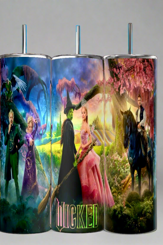 The Wicked 20oz Tumbler by Kreative Kreationz features a vibrant fantasy scene with stainless steel construction. Eco-friendly design highlights a green-clad figure with a broom, a pink-dressed character with a wand, and a horseback rider within a forest, complete with the 