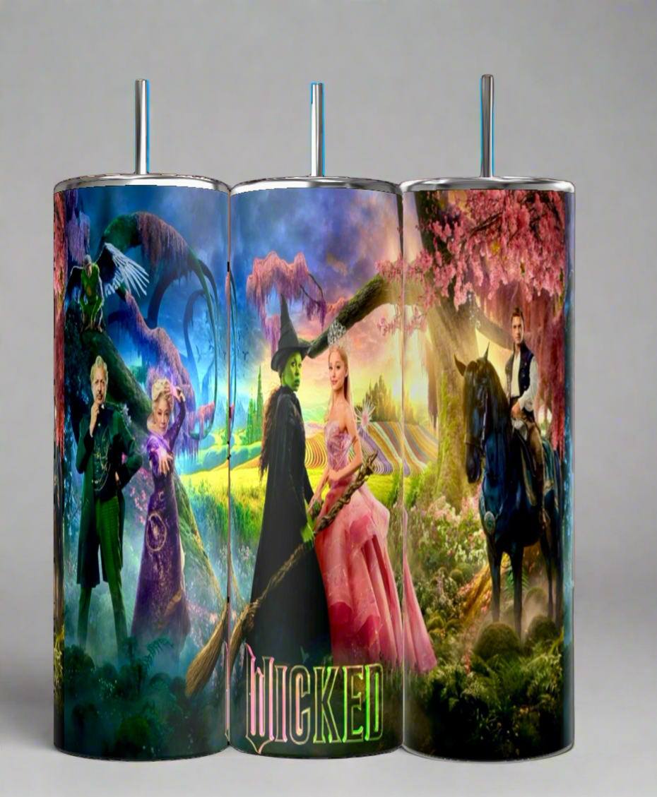 The Wicked 20oz Tumbler by Kreative Kreationz features a vibrant fantasy scene with stainless steel construction. Eco-friendly design highlights a green-clad figure with a broom, a pink-dressed character with a wand, and a horseback rider within a forest, complete with the "WICKED" logo.