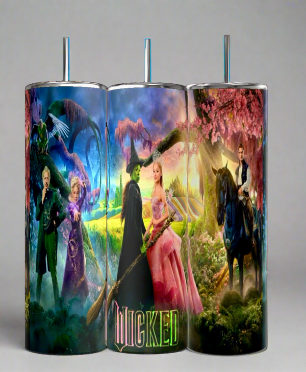 The Wicked 20oz Tumbler by Kreative Kreationz features a vibrant fantasy scene with stainless steel construction. Eco-friendly design highlights a green-clad figure with a broom, a pink-dressed character with a wand, and a horseback rider within a forest, complete with the "WICKED" logo.