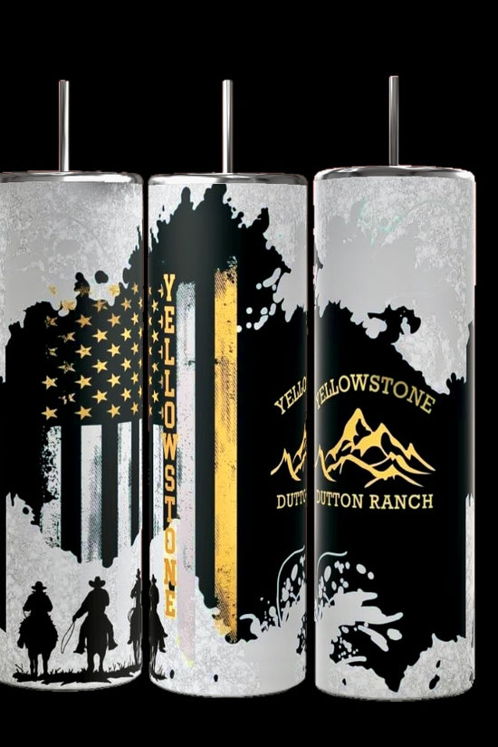 Kreative Kreationz's Yellowstone 20oz Tumblers come in three luxury designs: one with cowboy silhouettes and a USA flag with 