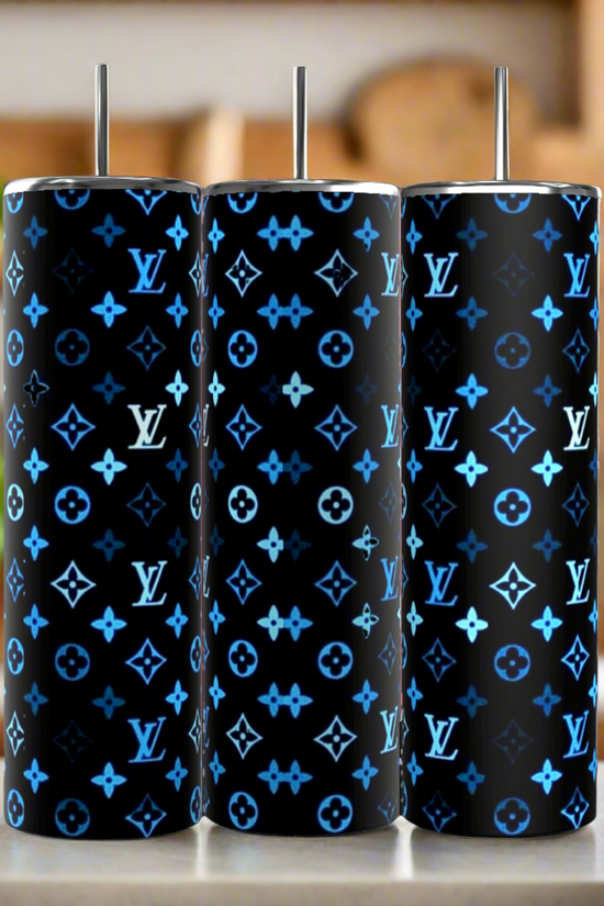 Three Kreative Kreationz Multi Blue LV 20oz Tumblers with metal straws are side by side. Their luxury-inspired black design features blue and white patterns with 