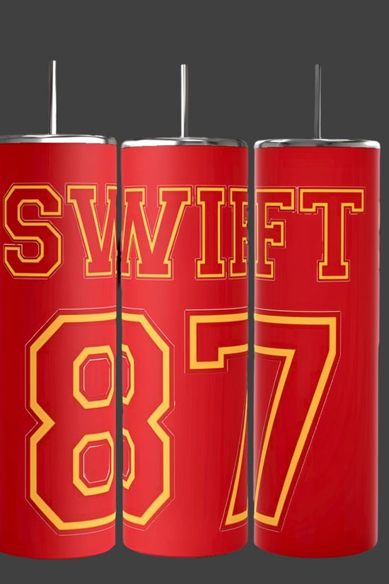 Three red 87 Chiefs tumblers with silver lids and straws from Kreative Kreationz are showcased against a gray background, featuring large yellow 