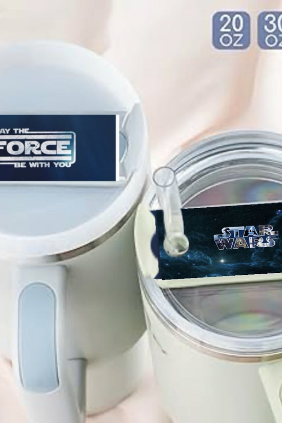 Two Kreative Kreationz Star Wars Stanley Lid Toppers are shown, one reading “MAY THE FORCE BE WITH YOU,” the other with the “STAR WARS” logo, displayed on tumblers in 20, 30, and 40 oz sizes—perfect for any Star Wars fan.