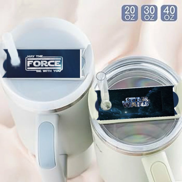 Two Kreative Kreationz Star Wars Stanley Lid Toppers are shown, one reading “MAY THE FORCE BE WITH YOU,” the other with the “STAR WARS” logo, displayed on tumblers in 20, 30, and 40 oz sizes—perfect for any Star Wars fan.