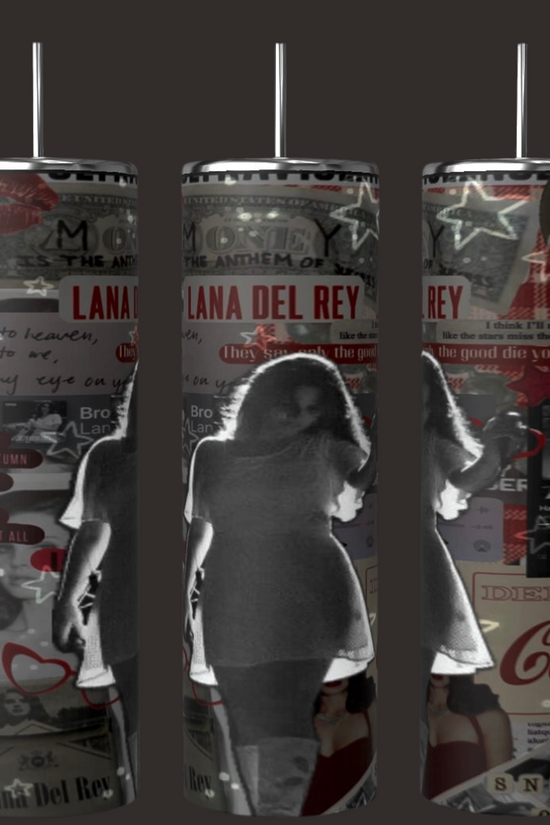 A set of three 20 oz Lana Del Ray Glow Tumblers by Kreative Kreationz, adorned with a retro-themed collage featuring red and white elements, stars, and female silhouettes. These tall, cylindrical sublimated tumblers include straws and are perfect for Lana Del Rey fans.