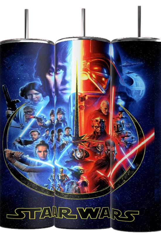 Three Star Wars 20oz tumblers by Kreative Kreationz come with spill-proof lids and reusable straws. They showcase a vivid collage of characters, spaceships, and lightsabers on a starry backdrop and display the iconic Star Wars logo in yellow at the bottom.