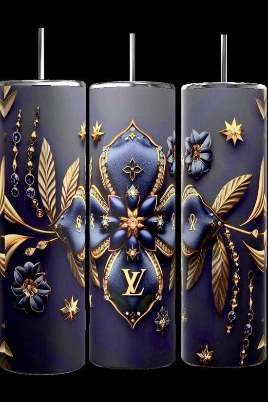 Three tumbler cups with dark blue backgrounds adorned with intricate gold and dark blue floral designs and leaves. The center tumbler, a 3D Design LV 20oz Skinny Tumbler by Kreative Kreationz, features a prominent 