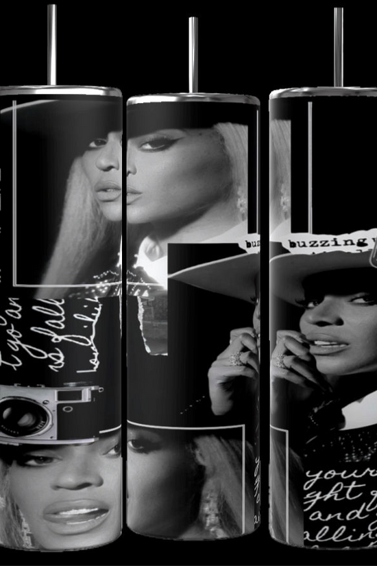 A set of three tall, glossy tumblers featuring a monochrome collage of Beyonce in various poses. The design includes handwritten text, a vintage camera graphic, and a white hat. These personalized cups have metal straws inserted on top and a black background.