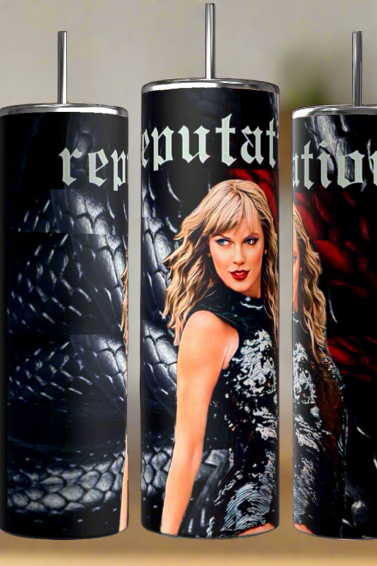 Set of three Taylor Swift Reputation Snake 20oz Tumblers by Kreative Kreationz, each featuring a blonde woman in black, a dark snake-skin pattern, bold gothic “reputation” text, and an eco-friendly stainless steel design.