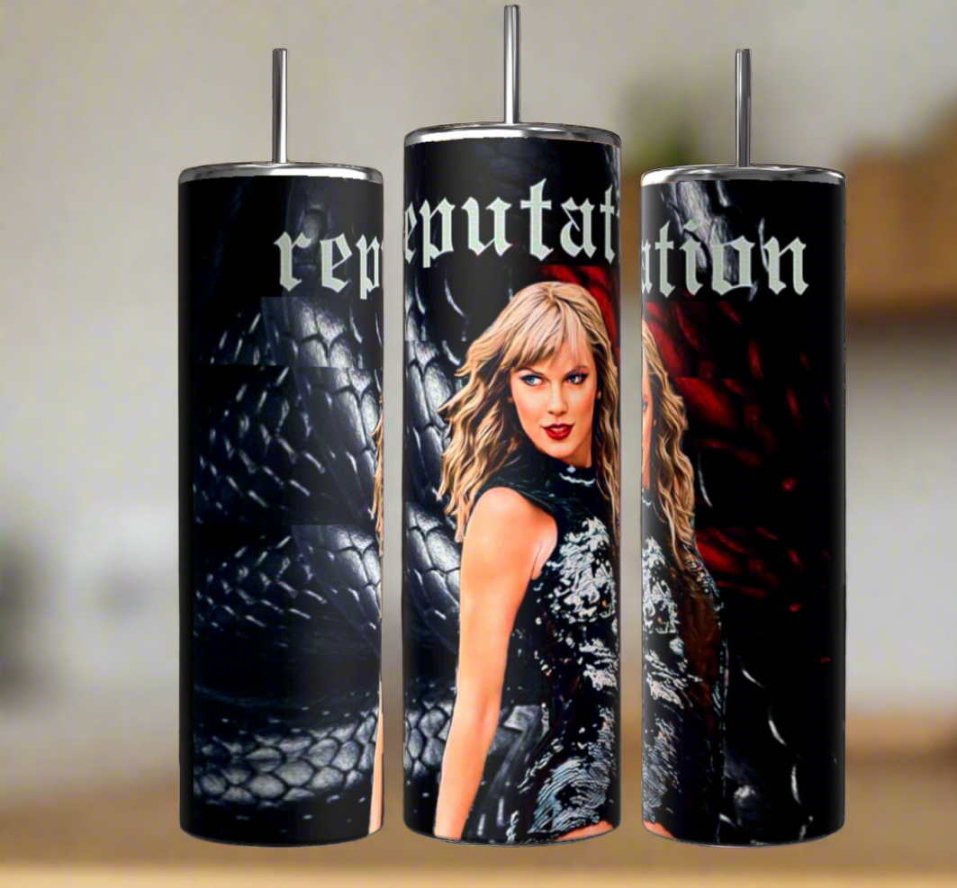 Set of three Taylor Swift Reputation Snake 20oz Tumblers by Kreative Kreationz, each featuring a blonde woman in black, a dark snake-skin pattern, bold gothic “reputation” text, and an eco-friendly stainless steel design.