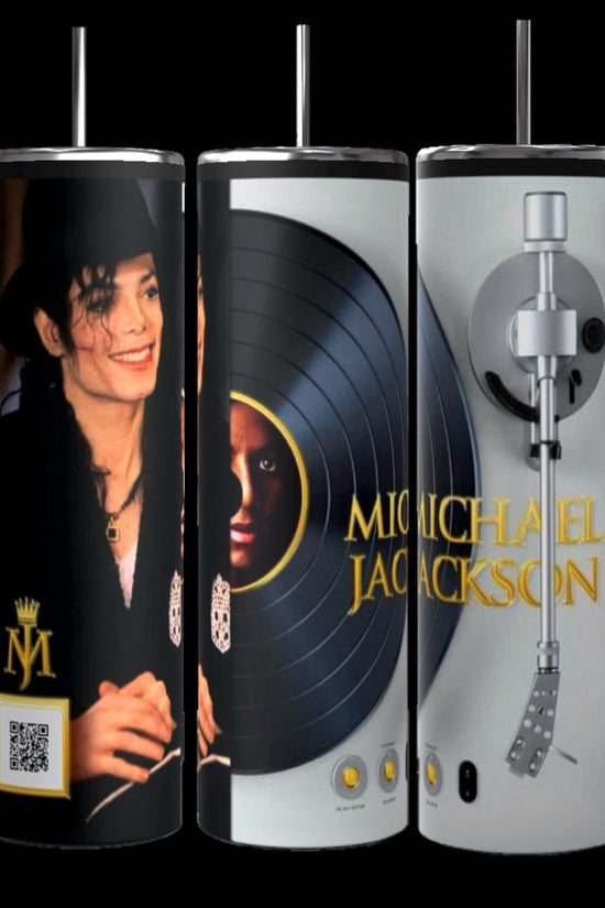 The set of three 20oz Michael Jackson tumblers, crafted by Kreative Kreationz, features a pop artist image, vinyl record design, and turntable graphic. Perfect for music lovers, each tumbler includes a working QR code playlist to enjoy the King of Pop's iconic tunes.