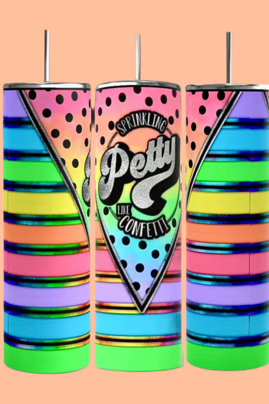 Three eco-friendly Kreative Kreationz tumblers feature vibrant neon stripes and polka dots. The center 20oz stainless steel tumbler displays a 