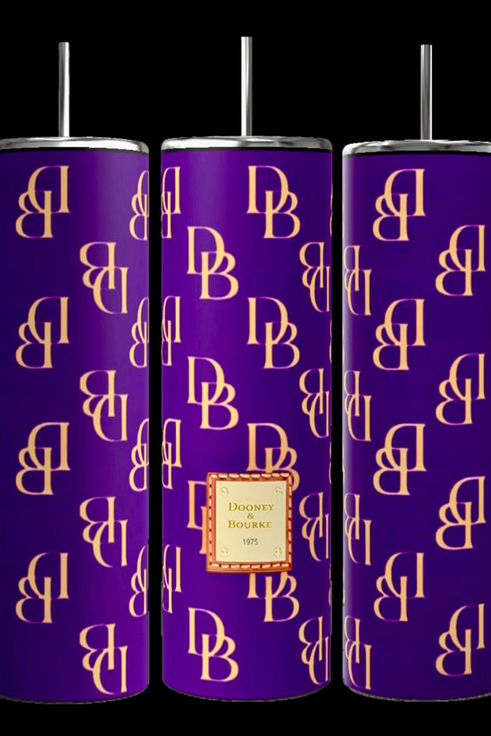 Three D&B -Purple 20oz Tumblers by Kreative Kreationz feature a vibrant purple background adorned with gold 