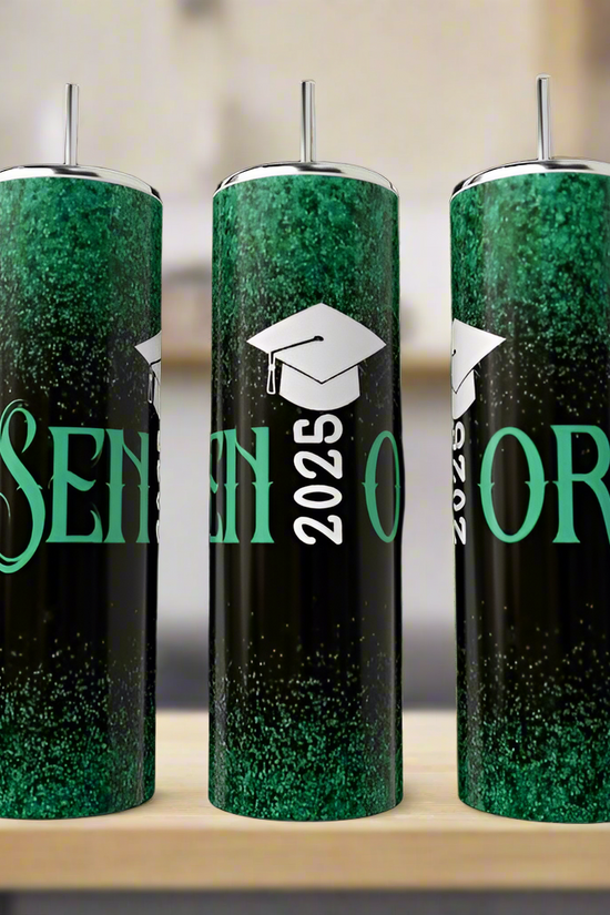 Three Kreative Kreationz 2025 Senior Graduate 20oz tumblers in green and black with a glittery luxury design, 