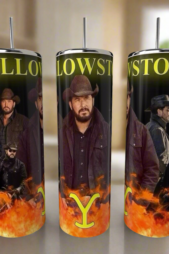 The Yellowstone 20oz Tumblers by Kreative Kreationz showcase a rugged man in a cowboy hat and coat, surrounded by flames with 