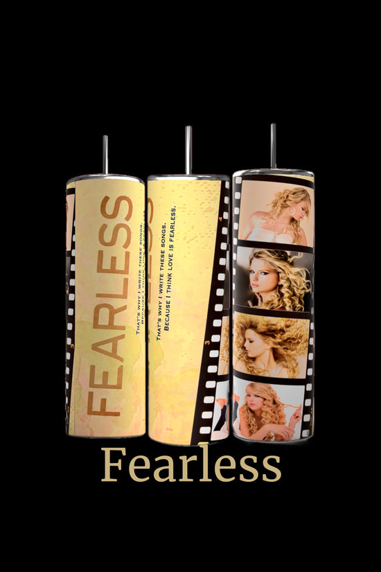 Image of seven cylindrical tumblers, each adorned with collage designs representing different Taylor Swift music albums. These Taylor Swift ERAS 20oz Tumblers by Kreative Kreationz are labeled 