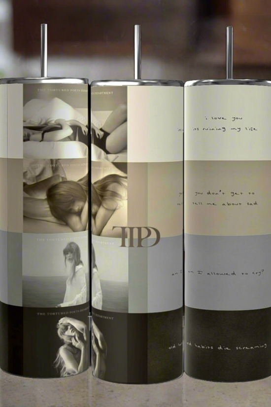 A set of three Kreative Kreationz Taylor Swift -TTPD Anesthetic 20oz Skinny Tumblers with Lids and Reusable Straws is arranged side by side, showcasing minimalist monochrome designs. Each tumbler features a collage of grayscale photos and handwritten text snippets like 