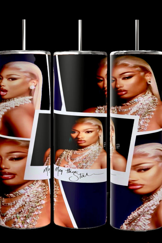 Three drinking tumblers are shown, each featuring multiple images of a person with blonde hair wearing a jeweled necklace. In the center, a photograph of the same person is overlaid with the hand-written text 