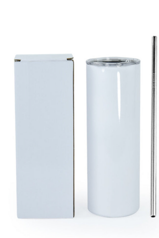 A tall, sleek Kreative Kreationz Crush Orange Soda 20oz Skinny Tumbler with a spill-proof clear lid stands next to its box. Two reusable straws, one metal and one clear plastic, accompany the tumbler.