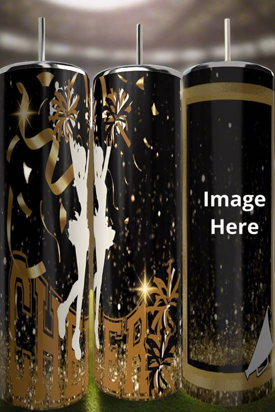 Set of three Kreative Kreationz Cheer 20oz Tumblers in black and gold with cheerleader, confetti, pom-poms, and 