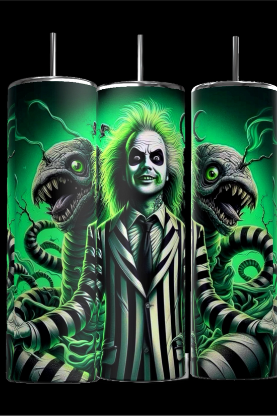Three tall cylinders showing a 360° view of a beetle juice design on a tumbler