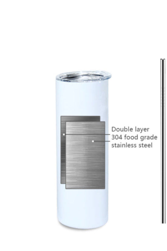 Image of the CNA 20oz Tumbler by Kreative Kreationz, featuring a stainless steel exterior and spill-proof lid. This tumbler boasts a double layer of 304 food-grade stainless steel and comes with a silicone coaster. Accompanying the tumbler is a long metal straw, ideal for sipping in style while on the go.