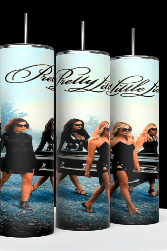 The PLL 20oz Tumblers by Kreative Kreationz feature an image and title from Pretty Little Liars. The design displays four women in black dresses and sunglasses walking confidently, with the show's title written in elegant script above them. These tumblers keep beverages hot or cold, making them perfect for any fan of the show.