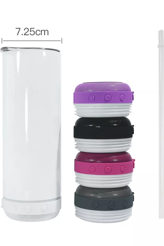 A hand holding a smartphone is shown to the left of a tall, cylindrical, white Kreative Kreationz Customized 20oz Bluetooth Tumbler. To the right of the tumbler, five small circular portable speakers in pink, blue, dark gray, black, and light gray are depicted. Musical notes are shown in the background.