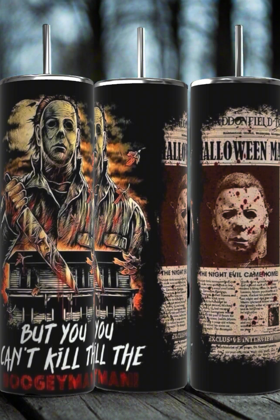 The Kreative Kreationz Michael Myers Halloween 20oz Tumblers feature a masked figure with a knife, a house with text, and a Halloween newspaper clipping. Each design is set against an eerie forest backdrop, making them perfect additions to your Halloween drinkware collection.