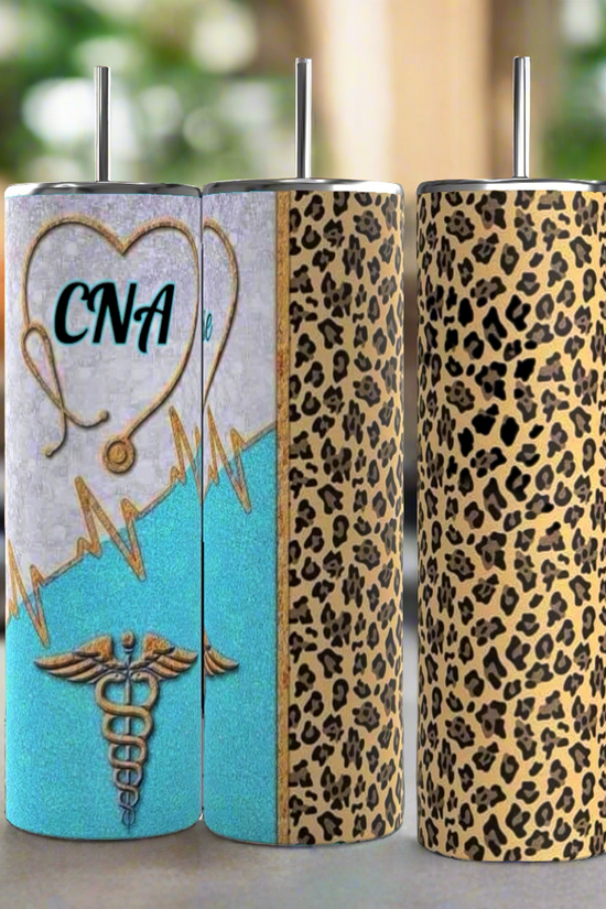 The set includes three 20 oz tumblers in blue from Kreative Kreationz, each adorned with medical-themed designs like stethoscopes, syringes, bandages, and a 