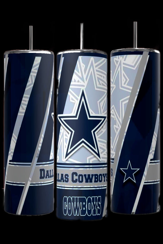 From Kreative Kreationz's NFL Collection, the Cowboys-20oz Skinny Tumblers display Dallas Cowboys branding with star logo and name on navy and silver stripes. Each has a spill-proof lid, a sleek black finish, and includes a silver straw.