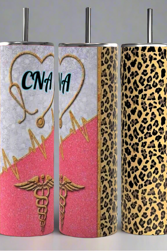 Three tall, cylindrical Kreative Kreationz CNA 20oz Skinny Tumblers with black straws are shown. The first tumbler has a heart with 