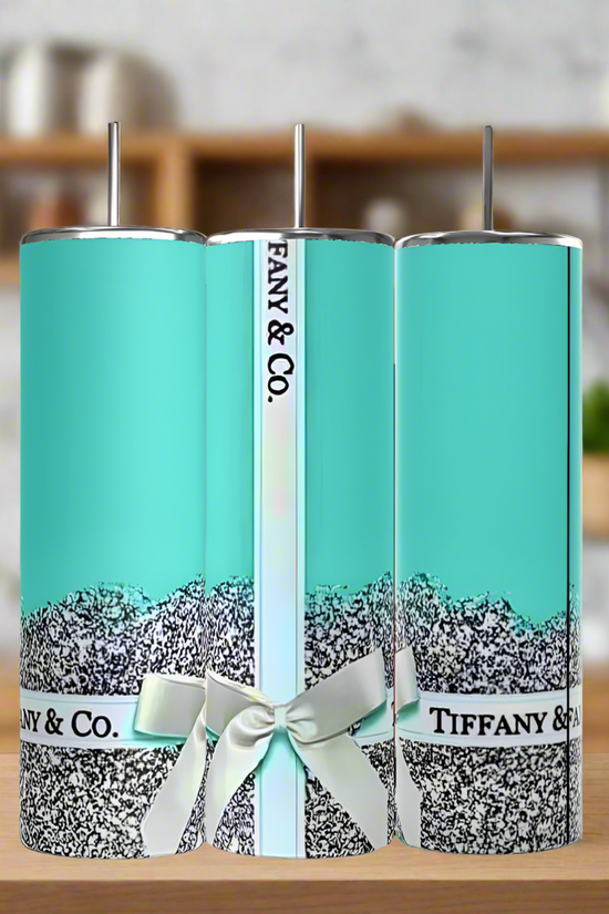 Three 20oz Tiffany Tumblers by Kreative Kreationz feature blue designs, black and white glitter accents, silver stainless steel lids, straws, and 