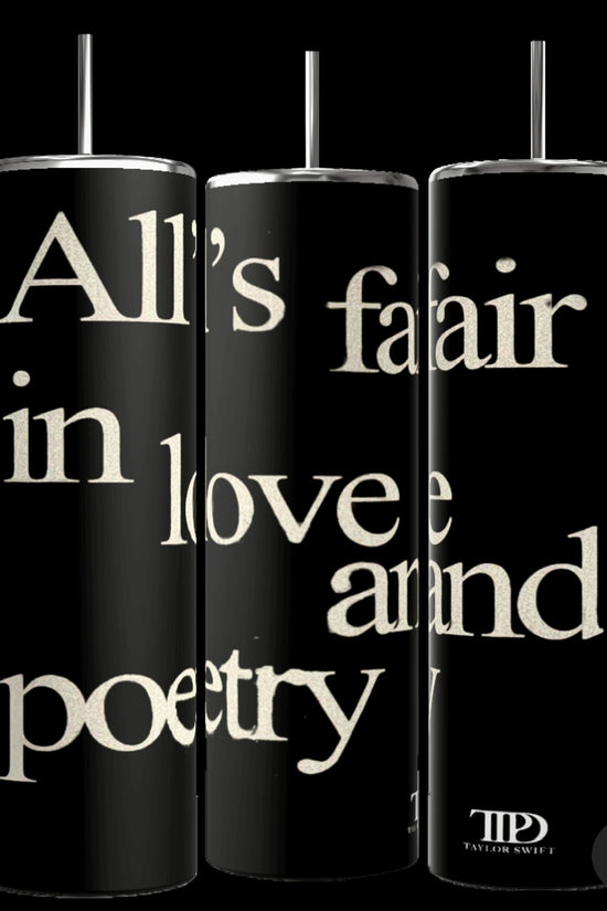 Kreative Kreationz's Taylor Swift All’s Fair TTPD 20oz Skinny Tumblers are a set of three black tumblers with silver, spill-proof lids and reusable straws. Each tumbler features a portion of the phrase 