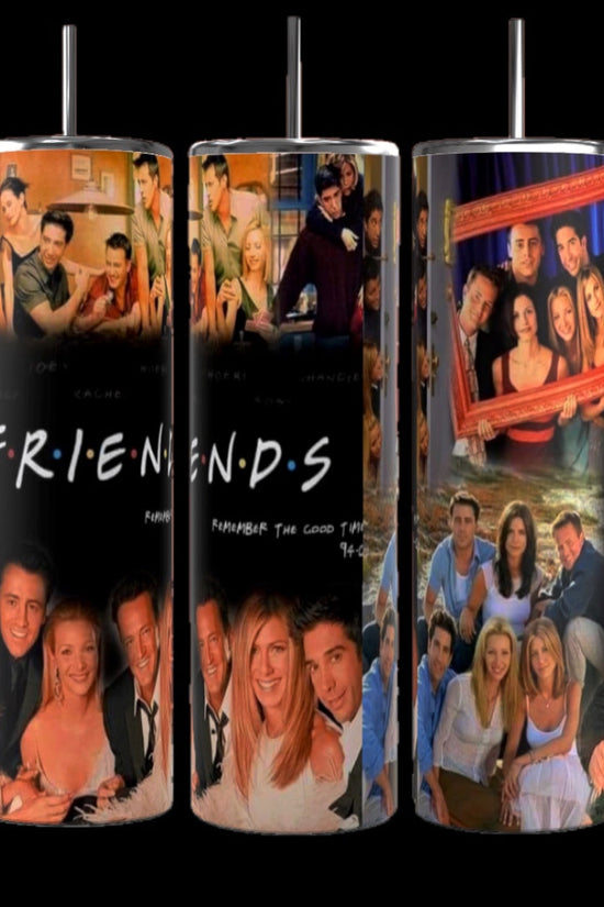 The Friends TV Show Collage 20oz Tumblers by Kreative Kreationz, an ideal gift for any 90s sitcom fan, are showcased on a cobblestone street. Each tumbler features iconic scenes and beloved characters from the show, brought to life with vibrant colors and memorable ensemble moments. Additionally, they are designed with double-wall insulation to ensure your drinks stay at the perfect temperature.