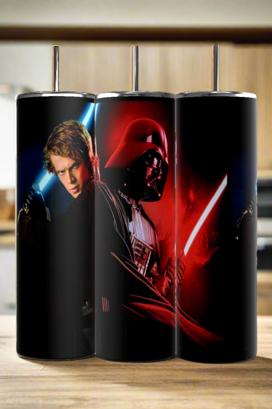 Three eco-friendly Kreative Kreationz Star Wars 20oz Skinny Tumblers featuring Anakin Skywalker, Darth Vader, and Kylo Ren with lightsabers sit on a kitchen counter—ideal sustainable drinkware for fans.