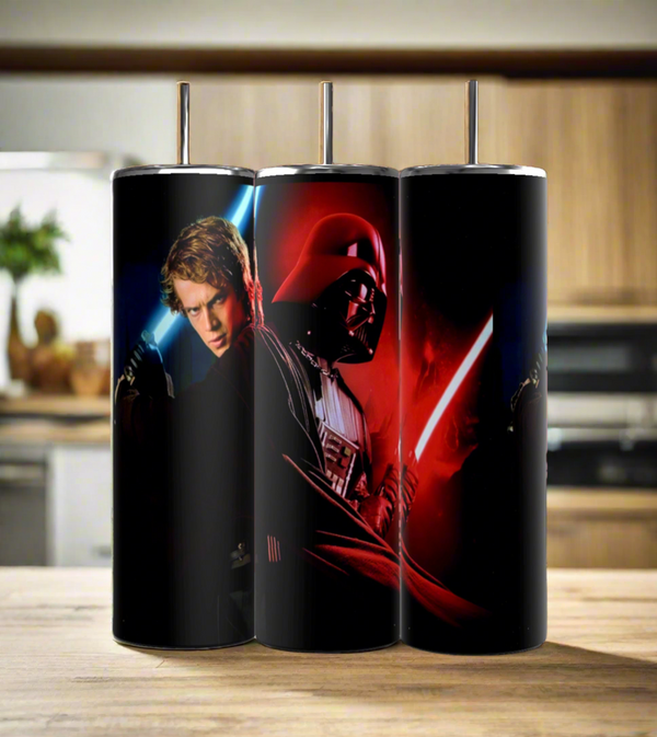 Three eco-friendly Kreative Kreationz Star Wars 20oz Skinny Tumblers featuring Anakin Skywalker, Darth Vader, and Kylo Ren with lightsabers sit on a kitchen counter—ideal sustainable drinkware for fans.
