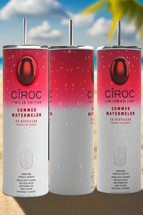 Two cans of Kreative Kreationz Ciroc 20oz Tumbler with 3D Lid Topper are shown on a wooden surface, reminiscent of travel tumblers. The left can is Red Berry flavor, topped with ice and a cherry. The right can is Vodka Snap Frost flavor, topped with ice and a lemon slice. Both cans feature product information and branding.