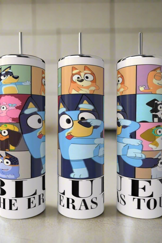 The Bluey ERAS 20oz Stainless Steel Tumblers by Kreative Kreationz feature colorful cartoon Bluey characters in a kitchen scene, with “BLUEY ERAS TOUR” printed at the bottom.