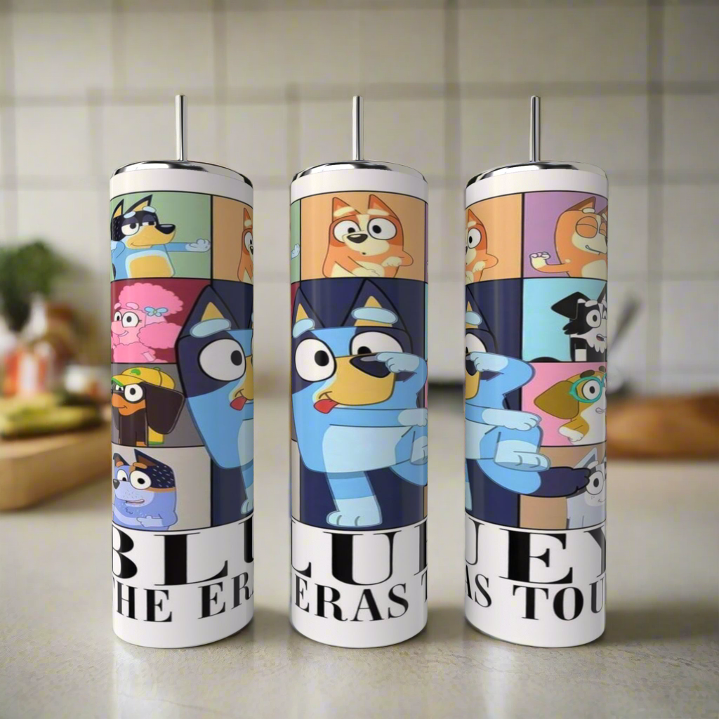 The Bluey ERAS 20oz Stainless Steel Tumblers by Kreative Kreationz feature colorful cartoon Bluey characters in a kitchen scene, with “BLUEY ERAS TOUR” printed at the bottom.