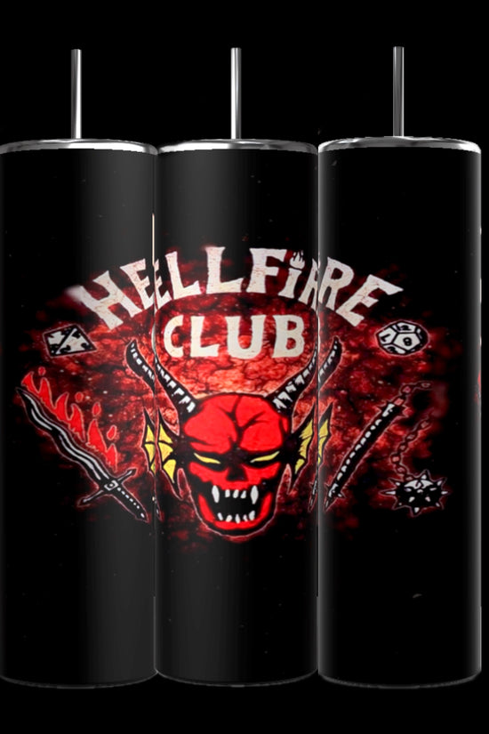Three Kreative Kreationz Hellfire Club 20oz tumblers in black, featuring bold text and an intricate design with a red horned demon, flaming sword, spiked club, dice, and flames against a dark fiery backdrop. These stainless steel tumblers provide stylish insulation for your beverages.