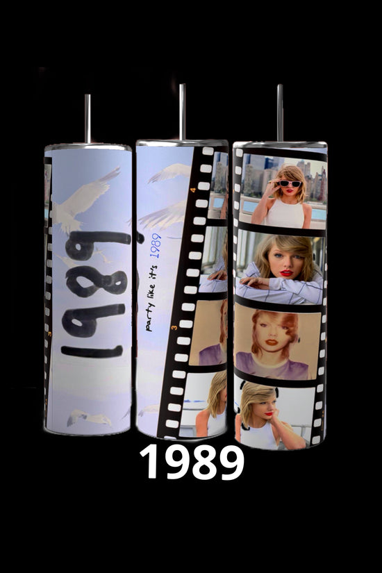 Image of seven cylindrical tumblers, each adorned with collage designs representing different Taylor Swift music albums. These Taylor Swift ERAS 20oz Tumblers by Kreative Kreationz are labeled 