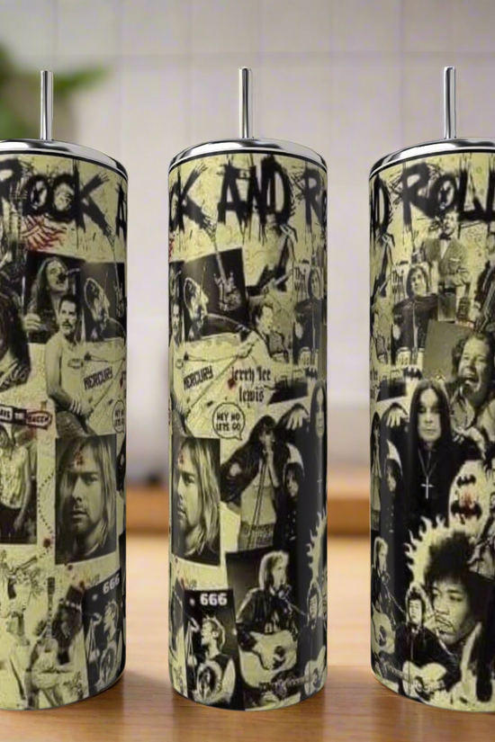 The Kreative Kreationz Ozzie Osborne 20oz Skinny Tumbler features collage-style designs with famous rock musicians, musical notes, and rock and roll text, shown on a kitchen counter with a blurred background.