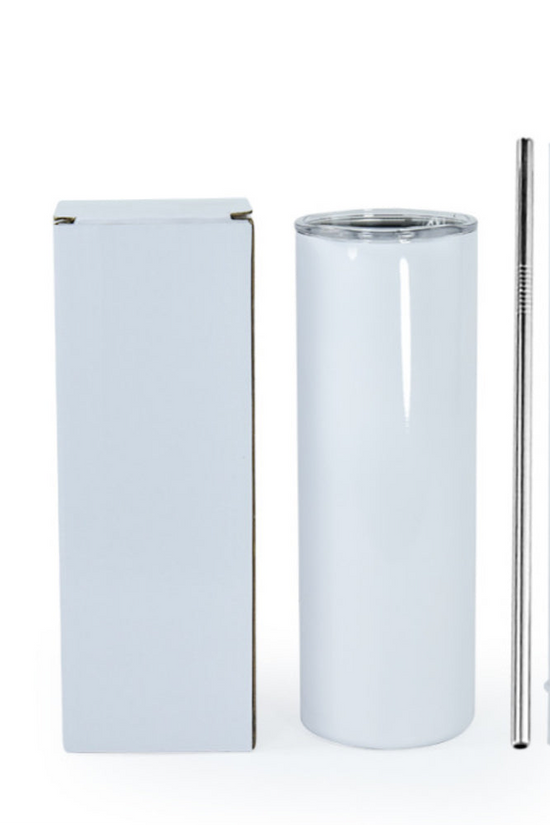 The Kreative Kreationz Outer Banks OBX 20oz tumbler, featuring a sleek white stainless steel design and spill-proof lid, is elegantly showcased beside a white box. The set includes a reusable metal straw and cleaner, beautifully arranged against a pristine white background.