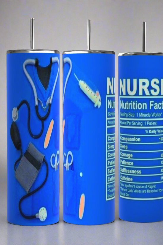 Three blue insulated tumblers with black straws from the brand Kreative Kreationz are shown. The first tumbler has medical tools printed on it. The middle one showcases a syringe and other supplies, while the third features the 'Nurse Nutritional Facts' label listing humorous traits. Each Nurse Nutritional Facts 20oz Tumbler boasts durable construction and a spill-proof lid.