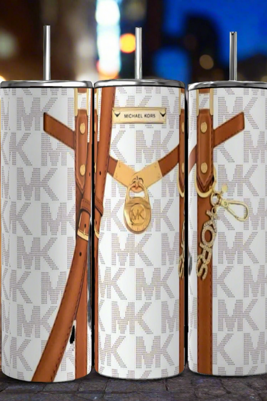 Three tall, cylindrical Kreative Kreationz Michael Kors Design Inspired White and Brown 20oz Tumblers, featuring brown strap designs and repeating 