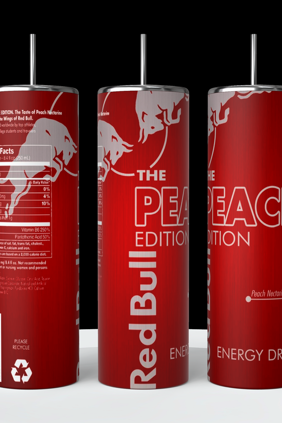 A collection of Red Bull lovers 20oz Tumblers from Kreative Kreationz, each displaying a different Red Bull flavor and distinct vibrant color. Arranged from left to right: Winter Edition (blue), Orange Edition (orange), Beach Edition (peach), Coconut Edition (white), Summer Edition (green), Original (silver), Sugarfree (white and blue stripe), and Tropical (yellow). Perfect for carrying your favorite energy drink without worrying about spills.