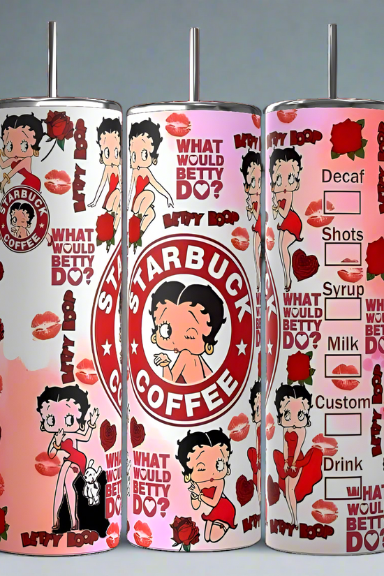 The 20oz Betty B Starbucks Skinny Tumblers by Kreative Kreationz showcase a retro cartoon amid lips, roses, and a 